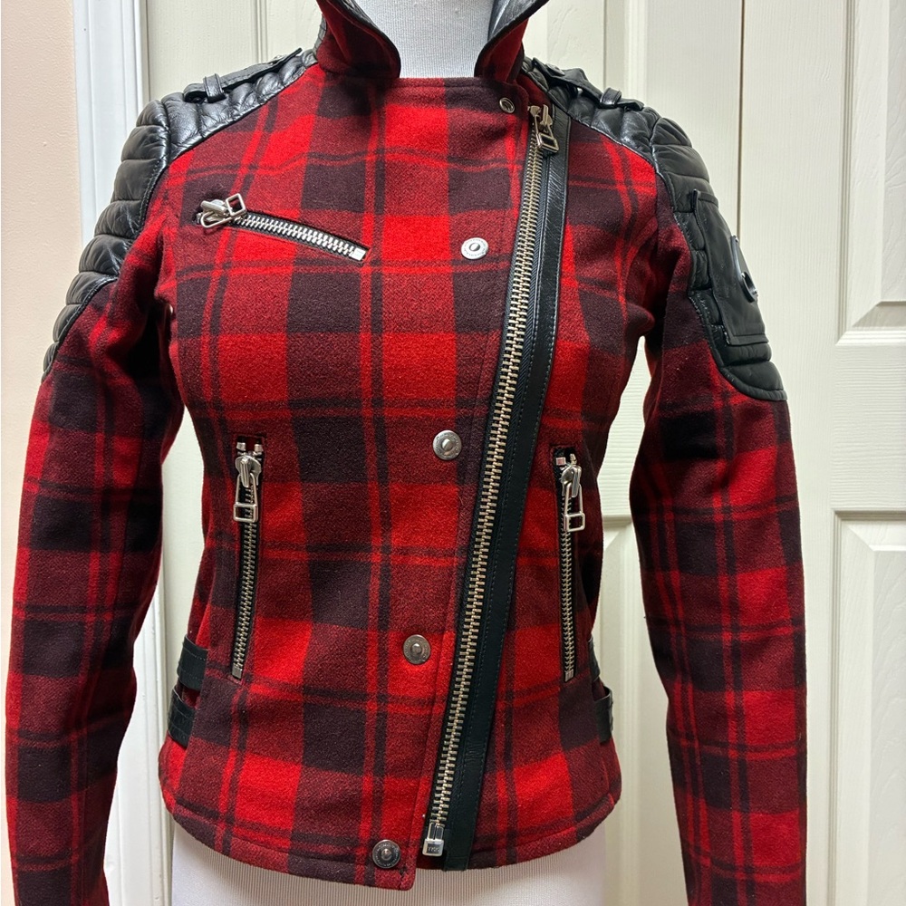Moose Knuckles Size XS Red and Black Plaid Moto Jacket